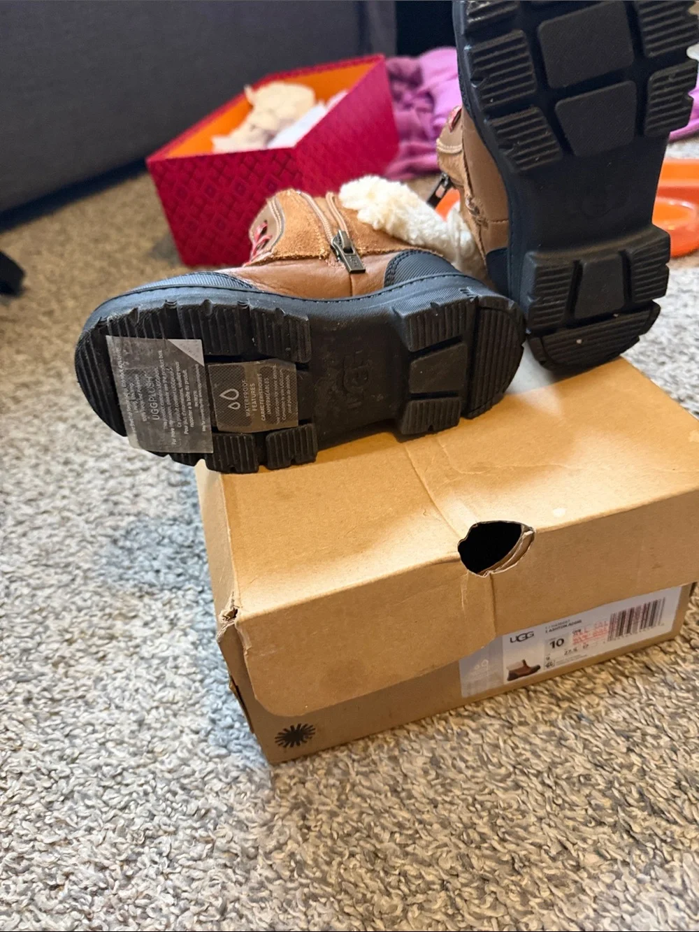 UGG Kids Brown and Black Faux-Fur Winter Boots with Red Accent Laces